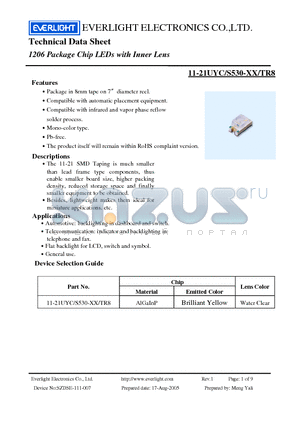 11-21UYC/S530-A2/TR8 datasheet - Technical Data Sheet 1206 Package Chip LEDs with Inner Lens