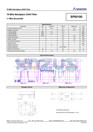BP60180 datasheet - 70 MHz Bandpass SAW Filter