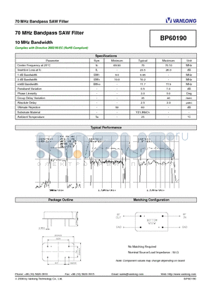 BP60190 datasheet - 70 MHz Bandpass SAW Filter