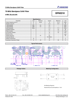 BP60210 datasheet - 70 MHz Bandpass SAW Filter