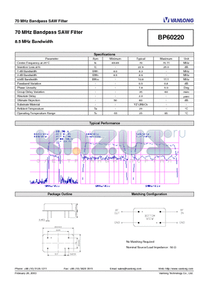 BP60220 datasheet - 70 MHz Bandpass SAW Filter