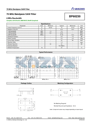 BP60230 datasheet - 70 MHz Bandpass SAW Filter