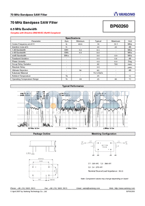 BP60260 datasheet - 70 MHz Bandpass SAW Filter