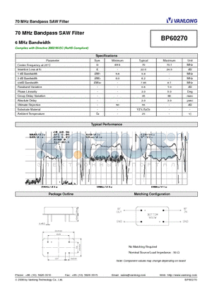 BP60270 datasheet - 70 MHz Bandpass SAW Filter