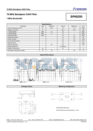 BP60250 datasheet - 70 MHz Bandpass SAW Filter