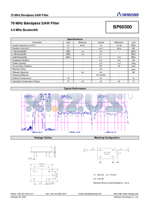 BP60300 datasheet - 70 MHz Bandpass SAW Filter
