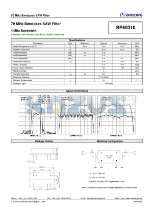 BP60310 datasheet - 70 MHz Bandpass SAW Filter