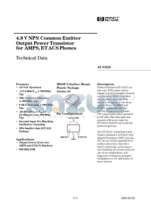 AT-33225-TR1 datasheet - 4.8 V NPN Common Emitter Output Power Transistor for AMPS, ETACS Phones