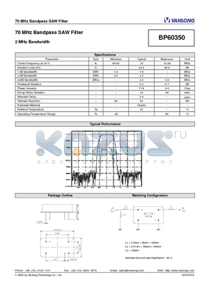 BP60350 datasheet - 70 MHz Bandpass SAW Filter