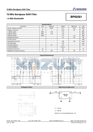 BP60361 datasheet - 70 MHz Bandpass SAW Filter