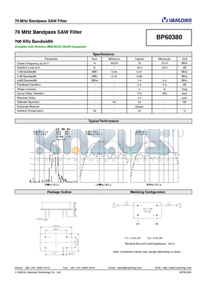 BP60380 datasheet - 70 MHz Bandpass SAW Filter