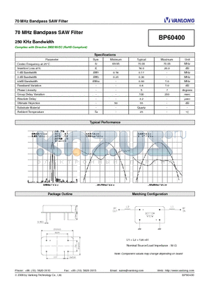 BP60400 datasheet - 70 MHz Bandpass SAW Filter