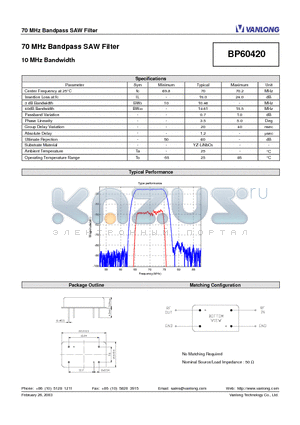 BP60420 datasheet - 70 MHz Bandpass SAW Filter