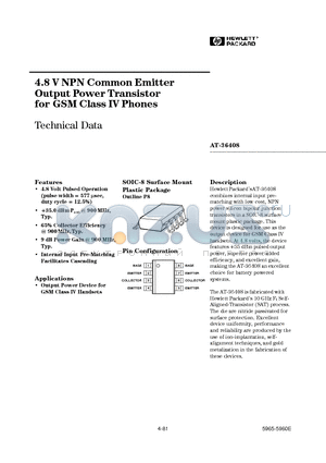 AT-36408 datasheet - 4.8 V NPN Common Emitter Output Power Transistor for GSM Class IV Phones