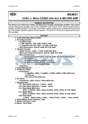 AKD4631 datasheet - 16-Bit DS Mono CODEC with ALC & MIC/SPK-AMP