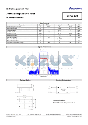 BP60480 datasheet - 70 MHz Bandpass SAW Filter