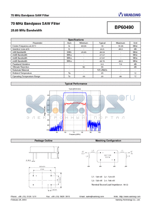 BP60490 datasheet - 70 MHz Bandpass SAW Filter