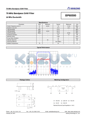 BP60500 datasheet - 70 MHz Bandpass SAW Filter