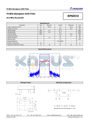 BP60510 datasheet - 70 MHz Bandpass SAW Filter