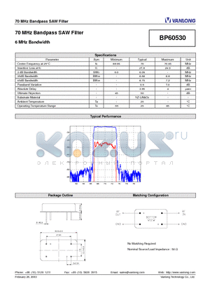 BP60530 datasheet - 70 MHz Bandpass SAW Filter