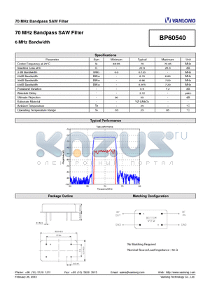 BP60540 datasheet - 70 MHz Bandpass SAW Filter