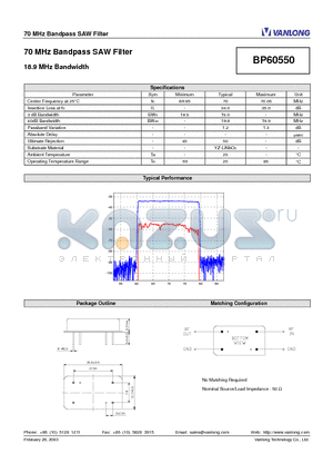 BP60550 datasheet - 70 MHz Bandpass SAW Filter