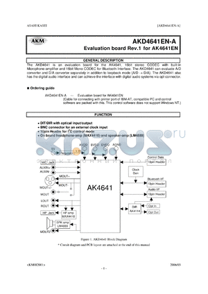 AKD4641EN-A datasheet - 16bit stereo CODEC with built-in Microphone-amplifier and 16bit Mono CODEC for Bluetooth Interface.