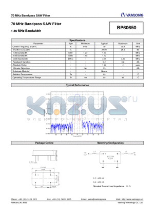 BP60650 datasheet - 70 MHz Bandpass SAW Filter