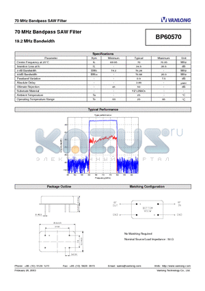 BP60570 datasheet - 70 MHz Bandpass SAW Filter