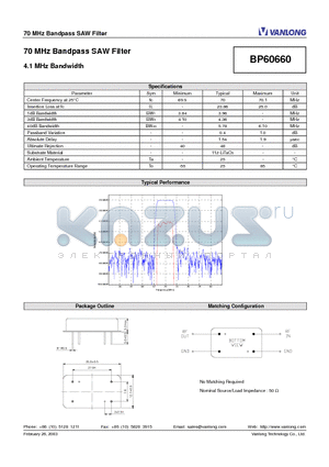 BP60660 datasheet - 70 MHz Bandpass SAW Filter