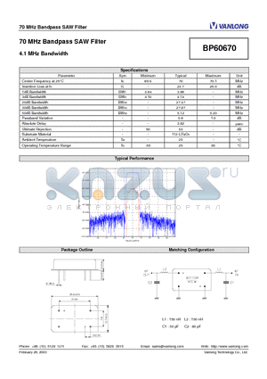 BP60670 datasheet - 70 MHz Bandpass SAW Filter