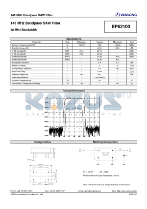 BP62100 datasheet - 140 MHz Bandpass SAW Filter 28 MHz Bandwidth