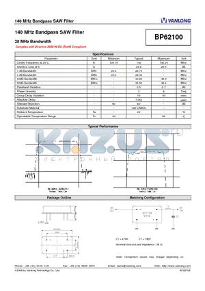 BP62100 datasheet - 140 MHz Bandpass SAW Filter