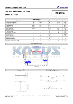 BP62110 datasheet - 140 MHz Bandpass SAW Filter