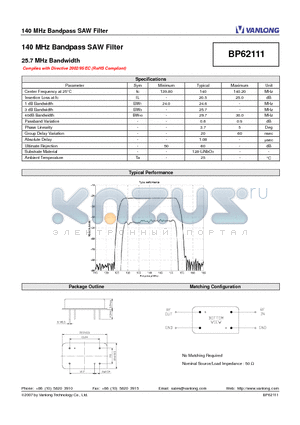 BP62111 datasheet - 140 MHz Bandpass SAW Filter