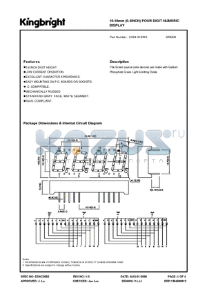 CA04-41GWA datasheet - The Green source color devices are made with Gallium Phosphide Green Light Emitting Diode.