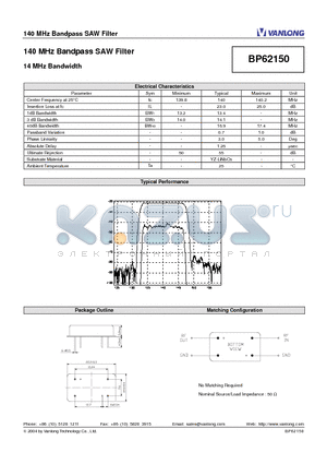 BP62150 datasheet - 140 MHz Bandpass SAW Filter