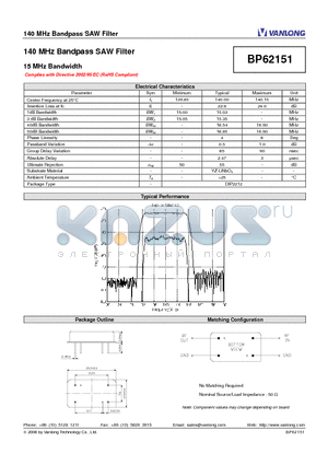 BP62151 datasheet - 140 MHz Bandpass SAW Filter