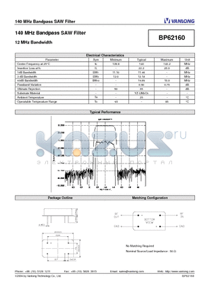 BP62160 datasheet - 140 MHz Bandpass SAW Filter