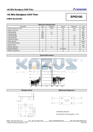 BP62180 datasheet - 140 MHz Bandpass SAW Filter