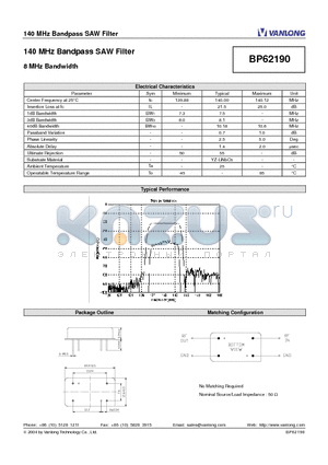 BP62190 datasheet - 140 MHz Bandpass SAW Filter