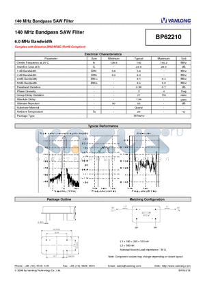 BP62210 datasheet - 140 MHz Bandpass SAW Filter