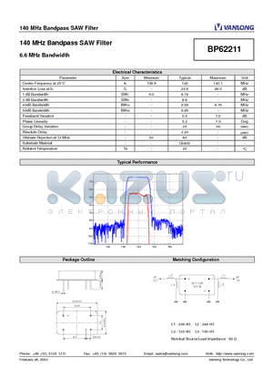BP62211 datasheet - 140 MHz Bandpass SAW Filter