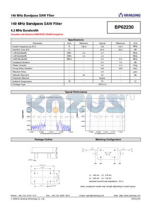 BP62230 datasheet - 140 MHz Bandpass SAW Filter
