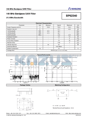 BP62340 datasheet - 140 MHz Bandpass SAW Filter