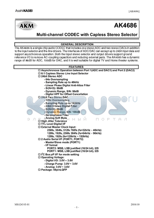 AKD4686 datasheet - Multi-channel CODEC with Capless Stereo Selector