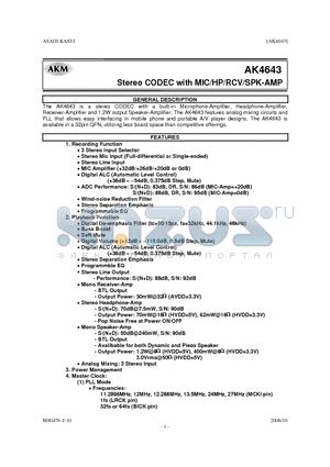 AKD4643 datasheet - Stereo CODEC with MIC/HP/RCV/SPK-AMP