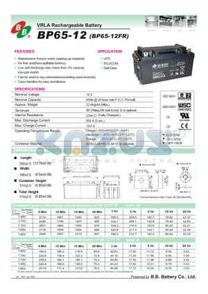 BP65-12 datasheet - VRLA Rechargeable Battery