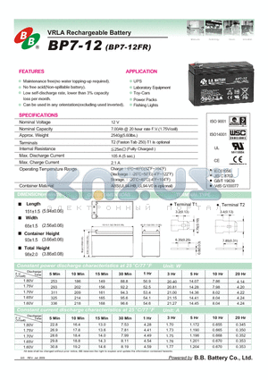 BP7-12FR datasheet - VRLA Rechargeable Battery