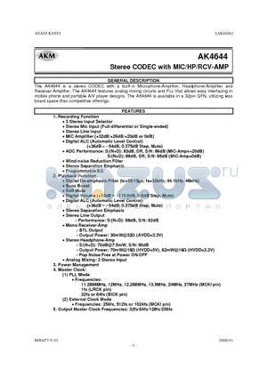 AKD4644 datasheet - Stereo CODEC with MIC/HP/RCV-AMP